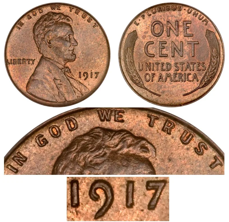Side-by-side comparison of normal 1917 penny versus 1917 Doubled Die Obverse showing date doubling difference