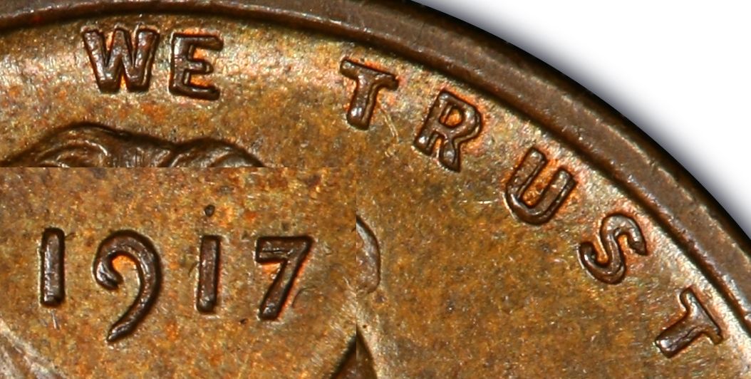 1917 DDO Doubled Die Obverse Lincoln cent close-up showing doubled date 9 and 7 digits