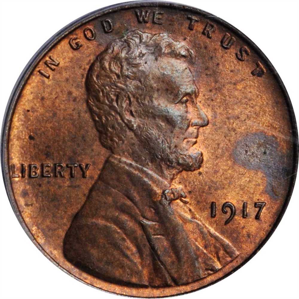 1917 DDO FS-101 variety Lincoln cent showing distinctive doubling pattern on date and motto