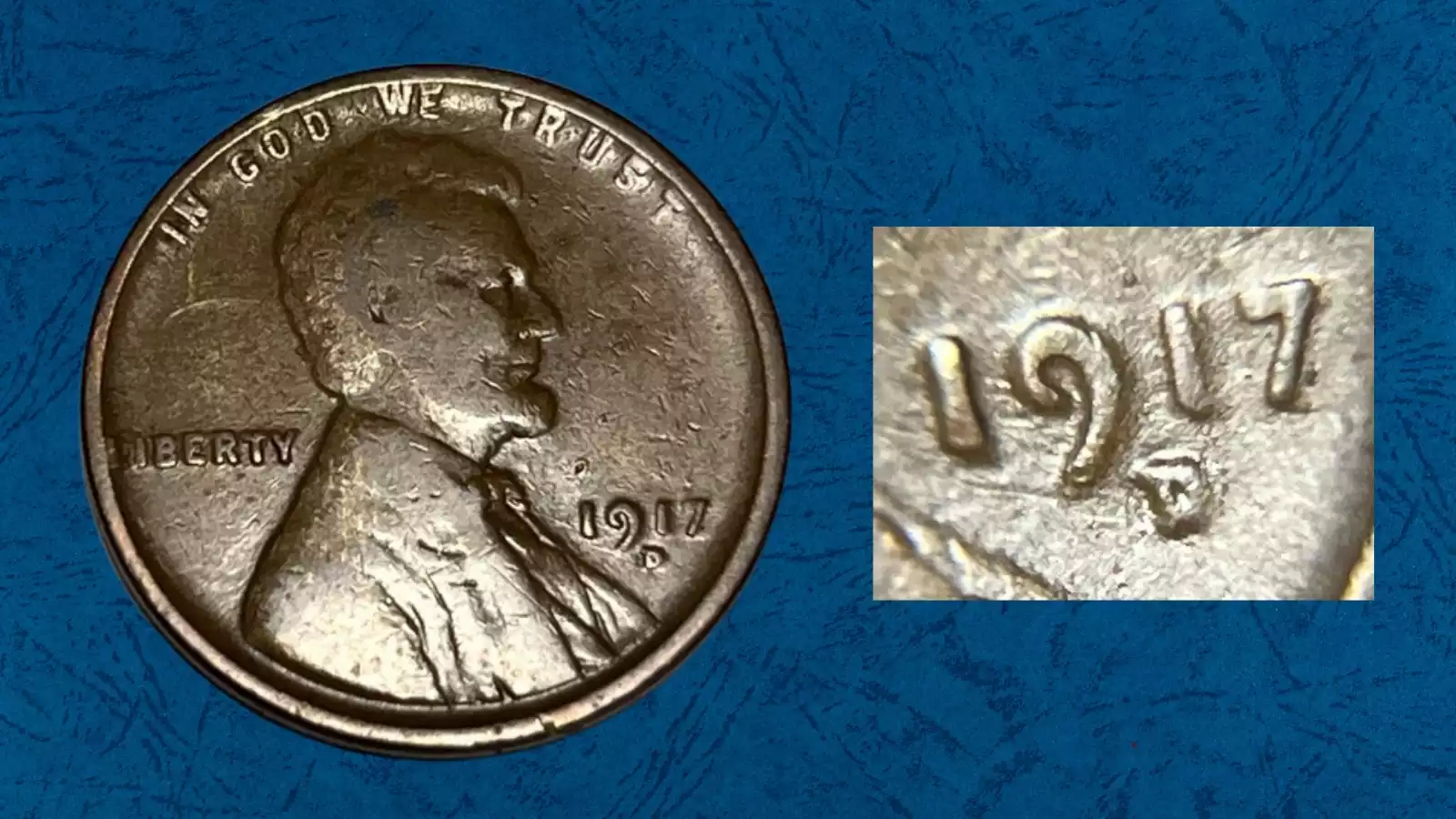 1917-D Lincoln Wheat Penny repunched mint mark RPM showing secondary D impression below primary D