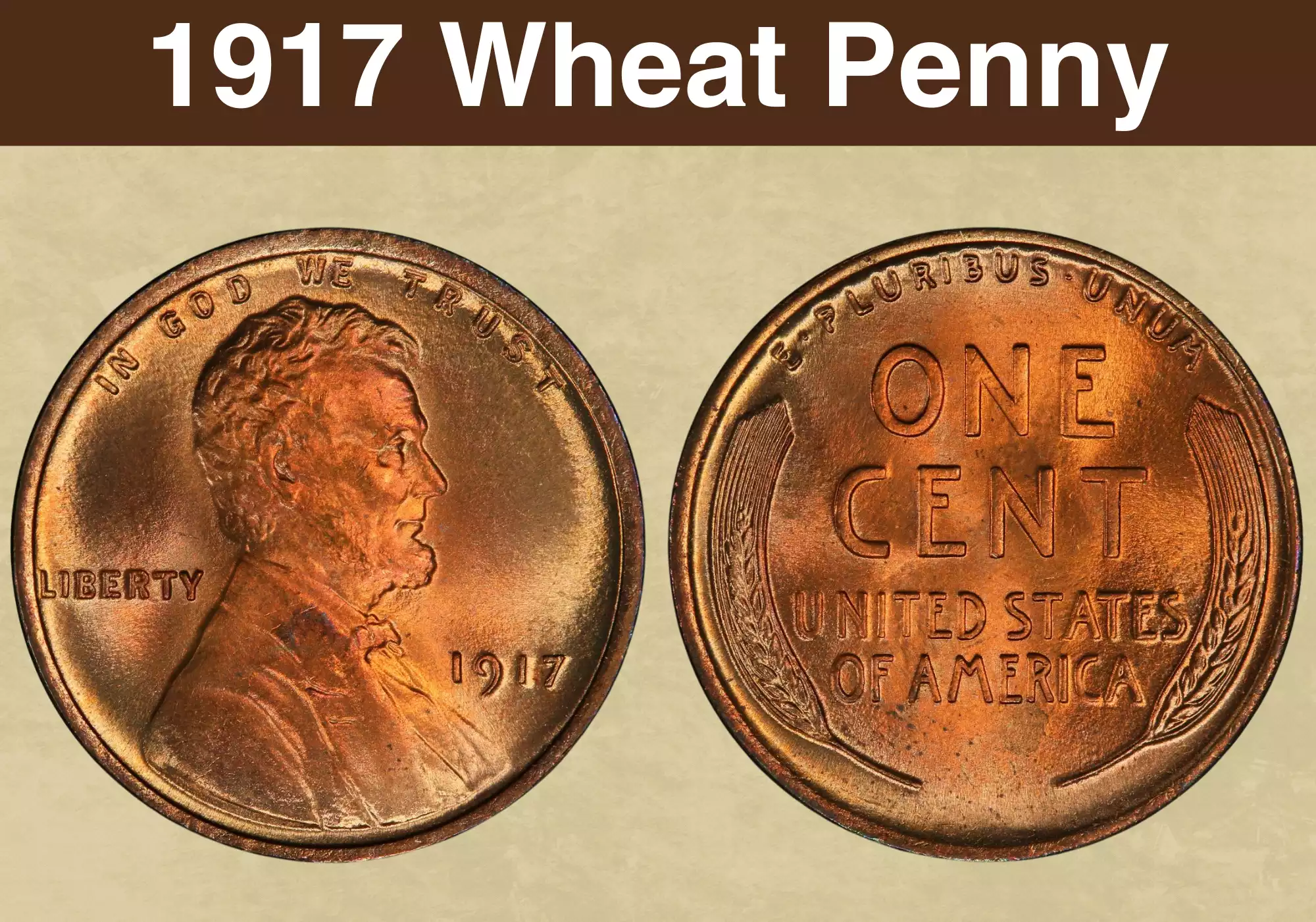Three 1917 Lincoln Wheat Pennies showing Philadelphia no mint mark, Denver D, and San Francisco S varieties side by side