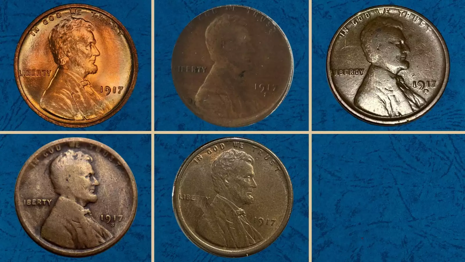 1917 Lincoln Wheat Penny grading strip showing four condition tiers from worn Good through Mint State Uncirculated